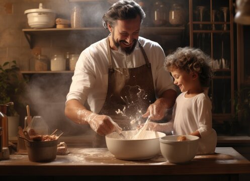 A father and son having fun baking together in the kitchen, both covered in flour and smiling, highlighting a playful and loving family moment.