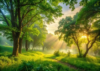 Softly focused landscape with vibrant green foliage, misty atmosphere, and warm sunlight filtering through trees, creating a serene and peaceful natural background.