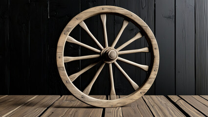 Vintage wooden cart wheel isolated on a wooden background, Old wagon wheel on wooden background, Wooden wagon wheel, Old cartwheel