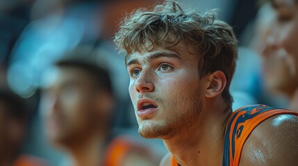 Young basketball player focused during a game on the court at a local sports arena in the evening