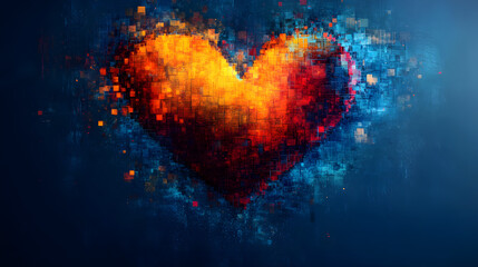 Digital Mosaic: Fiery Heart Illuminating Abstract Pixelated Blue Universe.