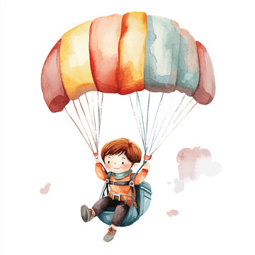 recommend clip art: cute kid playing Paragliding watercolor clipart