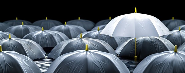 A single white umbrella stands out amongst a sea of grey umbrellas, representing individuality and being different.