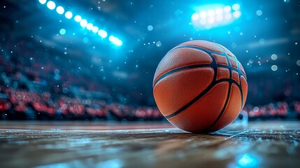 Obraz premium Basketball resting on the court with blurred crowd under bright arena lights during a competitive match