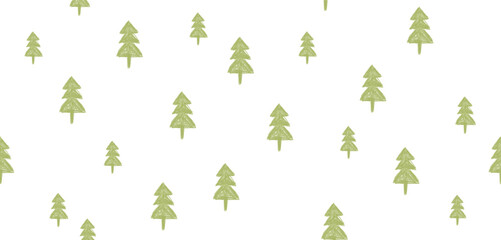 Green Christmas Tree Pattern. Abstract Winter Forest Seamless Vector Pattern. Cute Spruce Trees Isolated on a White Background. Infantile Style Xmas Print Ideal for Wrapping Paper. 