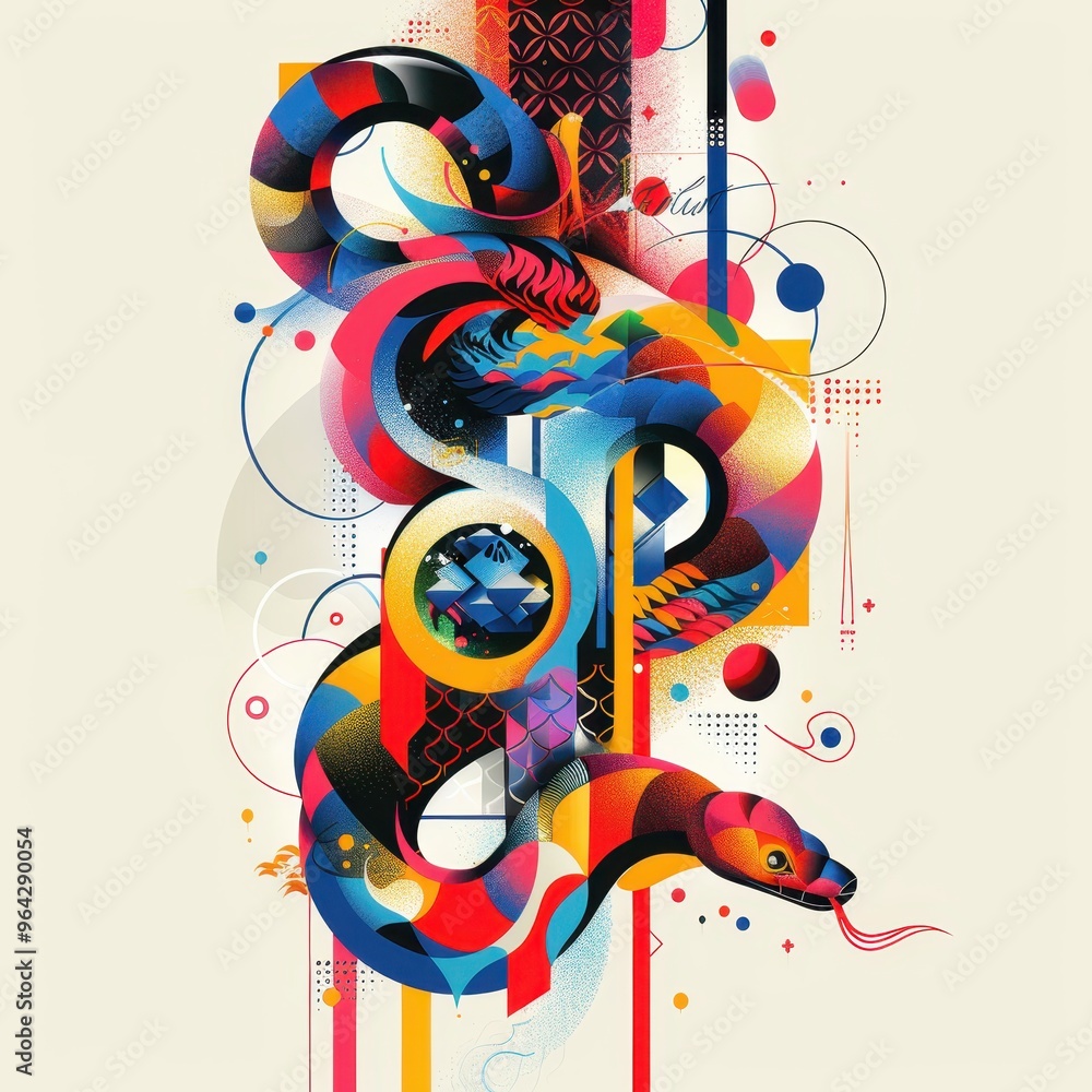 Poster a vibrant and abstract representation of a snake, blending colors and geometric shapes in a captivat