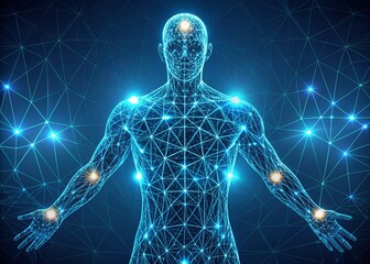Tangled threads stitching a vector pattern around a humanoid figure with glowing bioluminescent pores on dark blue skin