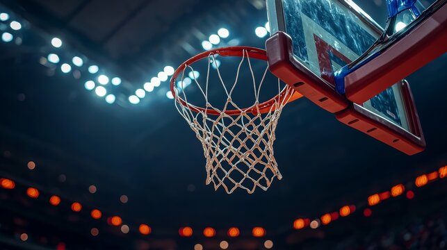 High-angle view of a basketball hoop during a competitive game in an indoor arena lit up with vibrant lights