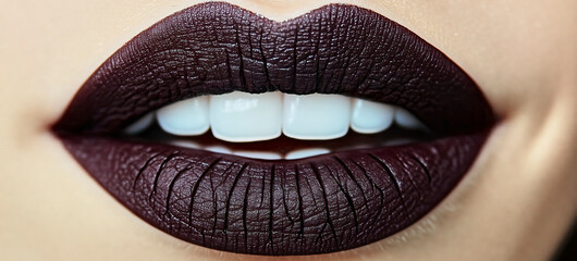 Fototapeta premium Woman showing dark matte lipstick and white teeth