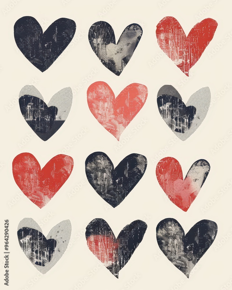 Poster a vibrant array of textured hearts in varied colors, perfect for expressing love and creativity in a