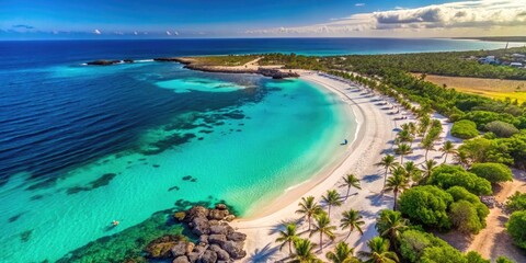 Obraz premium Stunning Aerial View Of Playa Blanca Beach, Revealing White Sands, Turquoise Waters, And Lush Vegetation Lining The Coast