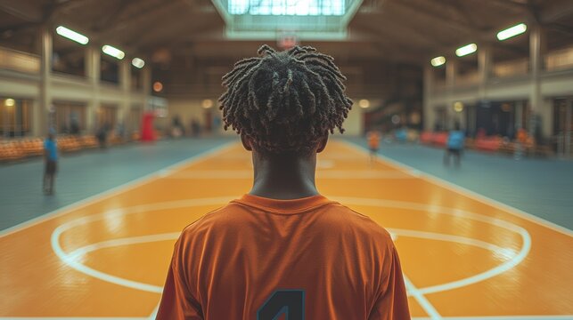 Young athlete prepares for a basketball game on an indoor court, surrounded by teammates and competitors during practice - Powered by Adobe