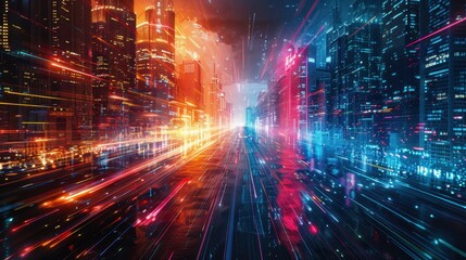 Fototapeta premium A vibrant cityscape illuminated with neon lights, showcasing dynamic energy and futuristic architecture in a stunning urban scene.