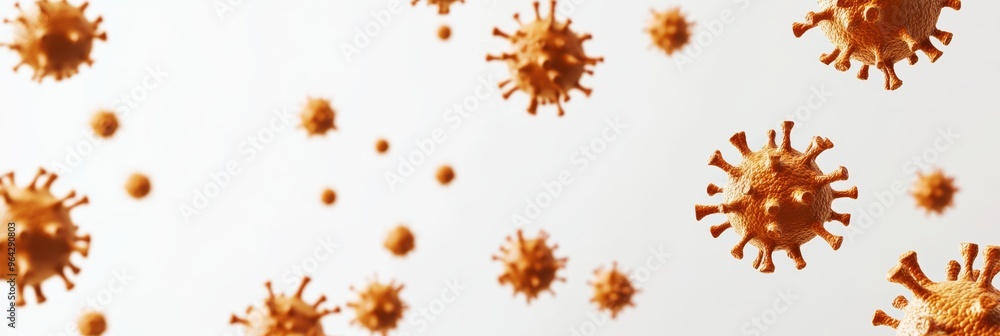 Poster virus particles floating in a white background, representing viral spread and epidemic control