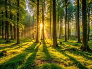 Obraz premium Stunningly Serene Forest Scene With Towering Trees Casting Long Shadows Across Lush Green Understory Bathed In Warm Golden Sunlight
