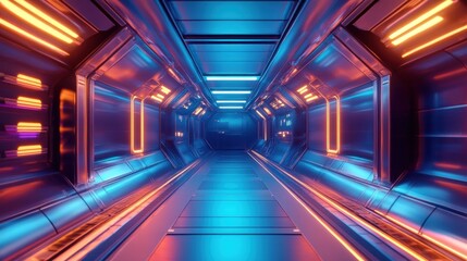 Neon Lights Corridor Futuristic Spaceship Interior