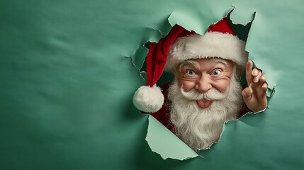 Santa Clause peeking through a paper hole christmas advertisement concept. New Year concept