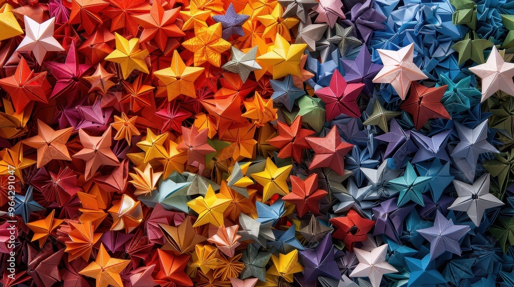Poster A vibrant display of colorful origami stars, creating a mesmerizing pattern and texture that captivates the eye.