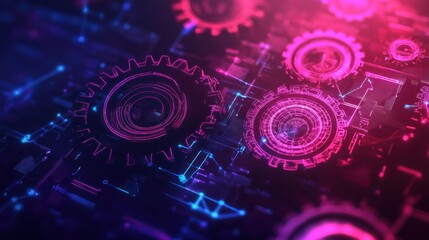 Obraz premium Abstract Neon Cogwheels Digital Technology Illustration