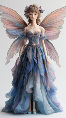 A female doll in a blue dress with glowing, translucent wings in turquoise, lavender, and yellow, exuding a calm, fairy-like presence against a white background.