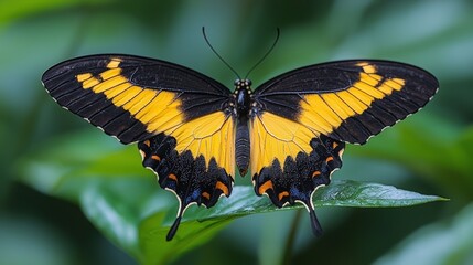 Obraz premium A vibrant butterfly displaying yellow and black wings resting on green foliage in a tropical garden setting