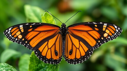 Obraz premium A vibrant monarch butterfly perched on lush greenery during a sunny day in a serene garden environment