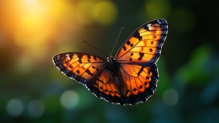 Fototapeta premium A vibrant butterfly flutters gracefully among flowers during a golden sunset in a serene garden