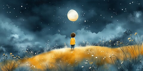A child gazes at a glowing moon and egg on a starry night in a dreamy landscape