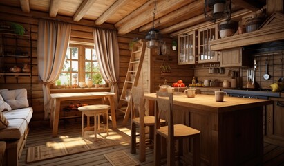 Naklejka premium Cozy interior of wooden house, rustic inn for holidays