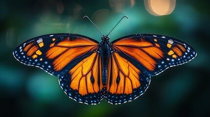 Obraz premium A vibrant monarch butterfly rests gracefully with its wings spread open against a blurred natural backdrop in early morning light