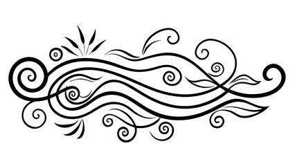 Stylized decorative waves and swirls with floral elements in black line art