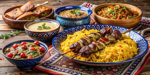 Fototapeta premium tender lamb kebabs, aromatic plov with saffron-infused rice, and fragrant lavash bread, beautifully arranged on a traditional ornate ceramic tablecloth.