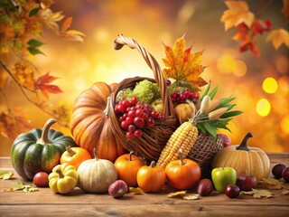 Thanksgiving Themed Ecard With Autumn Foliage, Pumpkins, And A Cornucopia Filled With A Variety Of Fruits And Vegetables On A Warm, Neutral Background.