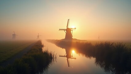 Serene Sunrise over Windmills