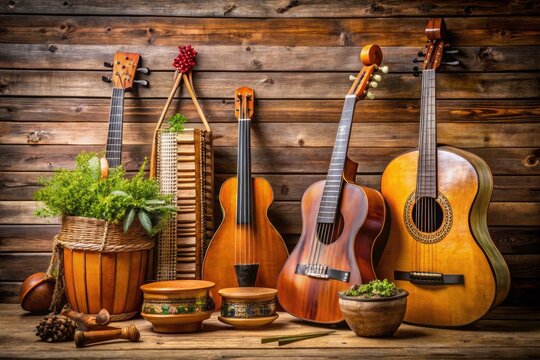 Traditional Swedish Folk Instruments Arranged On A Wooden Table With A Rustic Background