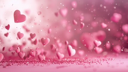 A whimsical display of pink hearts floating in the air, set against a soft pink background, perfect for romantic themes.