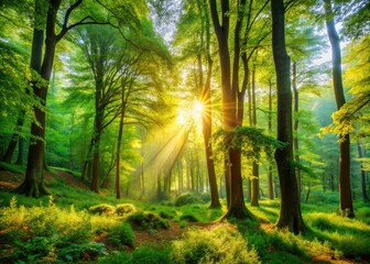Tranquil Forest Scene With Lush, Vibrant Foliage And Filtered Sunlight Creating A Serene Atmosphere Of Peace And Tranquility.