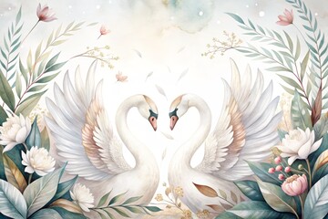 Swan love watercolor illustration