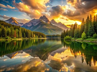 Obraz premium Tranquil Image Depicting A Serene Lake Surrounded By Lush Greenery And Towering Mountains, Reflecting A Golden Sunset In Its Waters