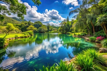 Fototapeta premium Tranquil Lake Surrounded By Lush Vegetation, Offering A Serene And Picturesque Natural Retreat.