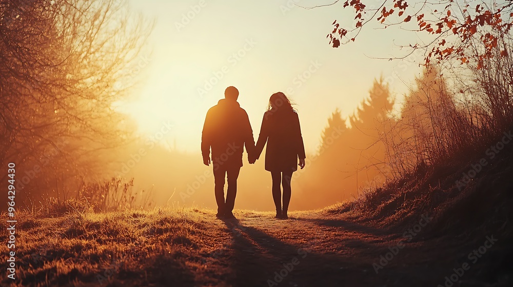 Poster Silhouettes of a Couple Walking Hand-in-Hand at Sunset