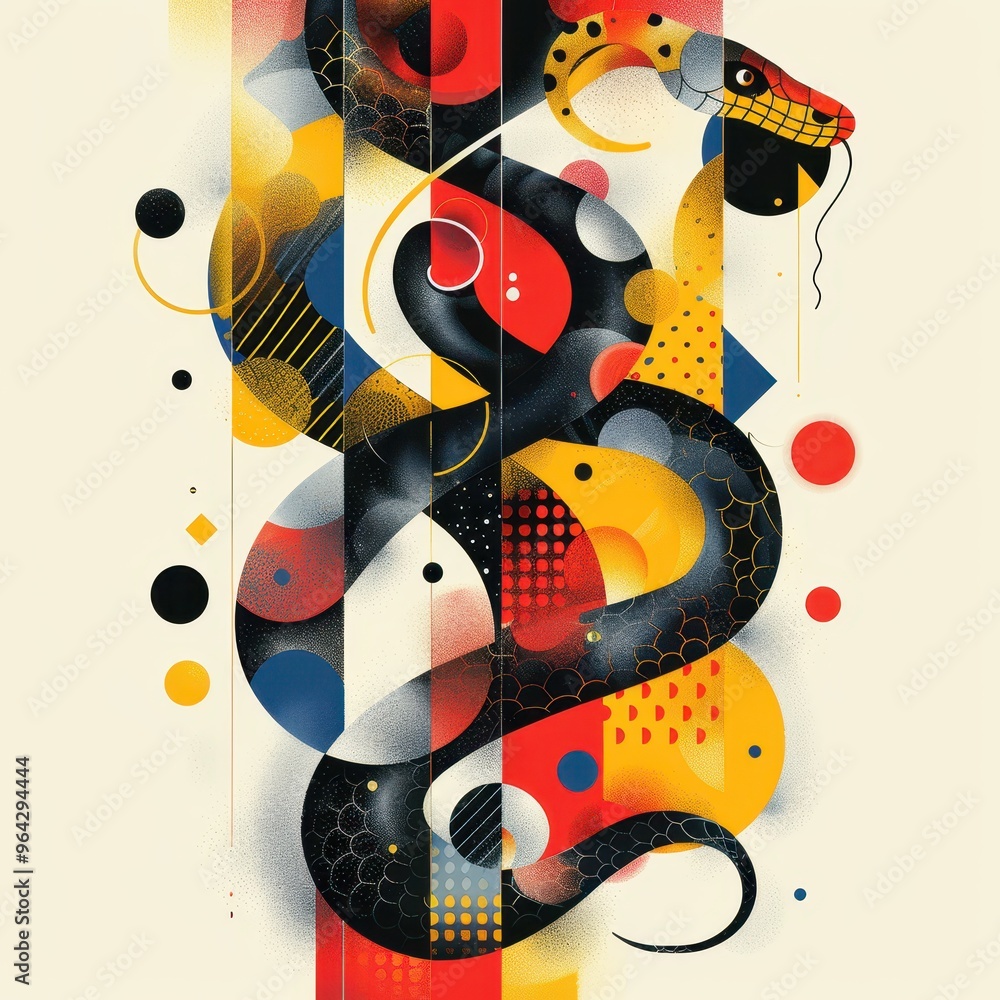 Poster an artistic illustration of a snake intertwining vibrant colors and geometric shapes, creating a str