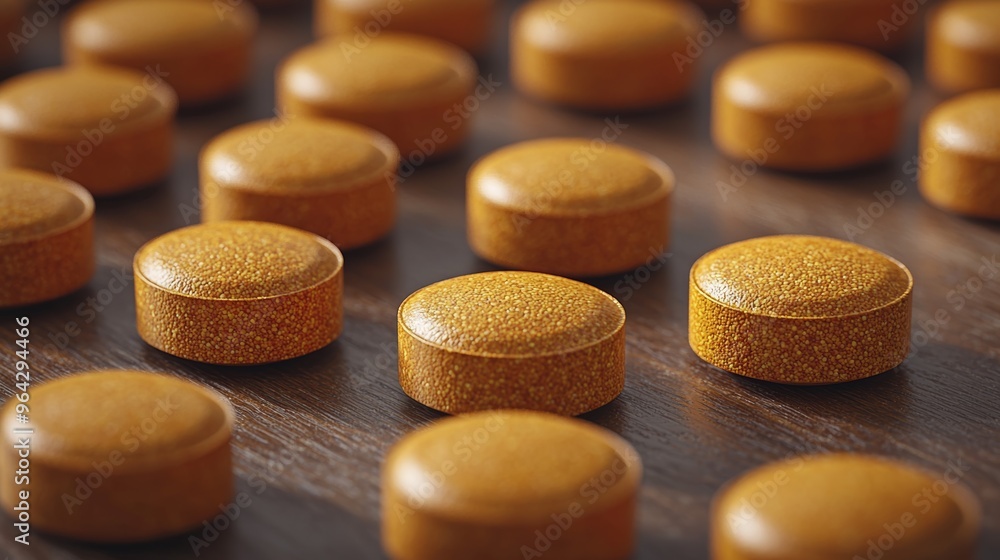Poster rows of uniformly shaped yellow tablets arranged on a wooden surface, showcasing their smooth textur
