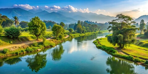Tranquil View Of The Sacred Bagmati River, Its Calm Waters Flowing Through A Lush Landscape Of Trees And Green Fields