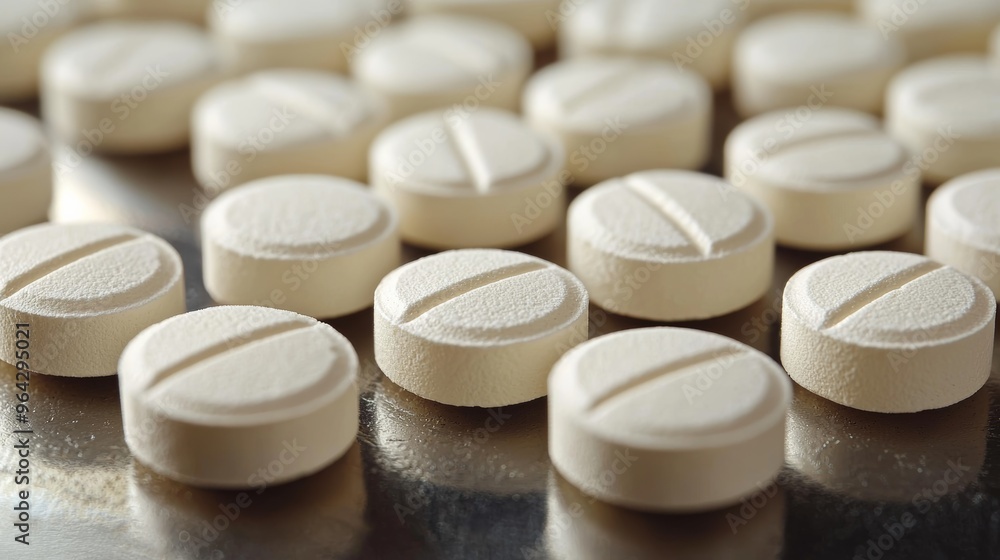 Poster close-up view of white round tablets arranged on a reflective surface, showcasing their texture and 