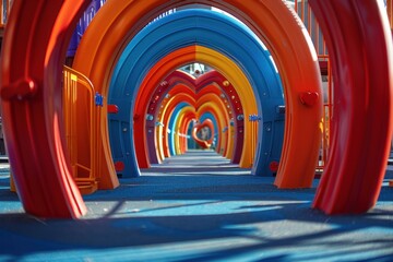 Naklejka premium Brightly colored arches create a playful pathway in a vibrant playground, inviting children's joy and imagination.