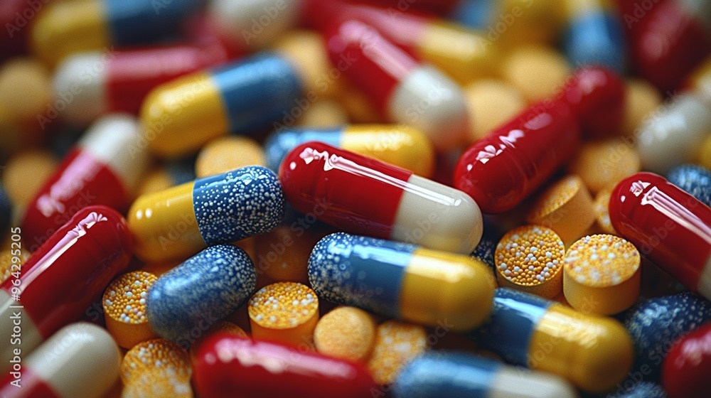 Poster a close-up view of colorful capsules and tablets arranged on a surface, showcasing various shapes an