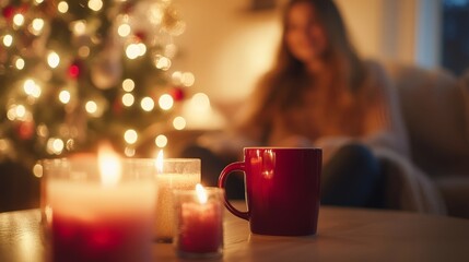 Cozy christmas ambiance with candles and warm mug by the tree