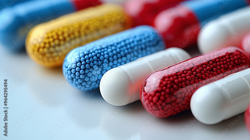 Poster colorful array of capsules showcasing various sizes and textures in a health-focused setting