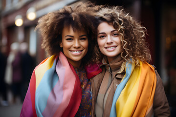 Happy smiling homosexual lesbian couple holding rainbow flag. Beautiful woman and her African curly hair girlfriend celebrate pride month together, romantic LGBT lover and gay pride movement concept